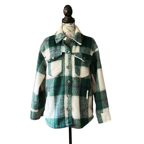 Avec Les Filles sz M green white plaid button up long sleeve Shacket Shirt - Picture 2 of 10